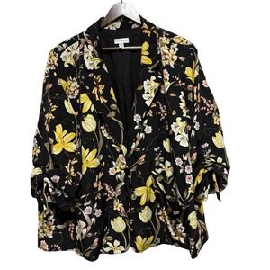 Susan Graver Blazer Jacket Womens 28W Plus Black Floral 1 Button Ruched Sleeves